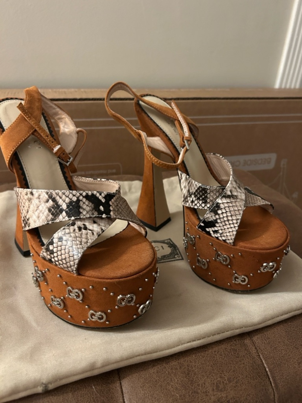 Platform High Heel Sandals in Tan with Snake-Print Straps